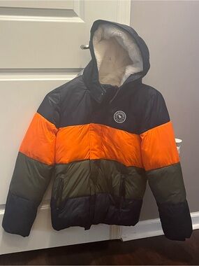 Kids Colorblock Hooded Puffer Jacket - Orange/navy/Olive